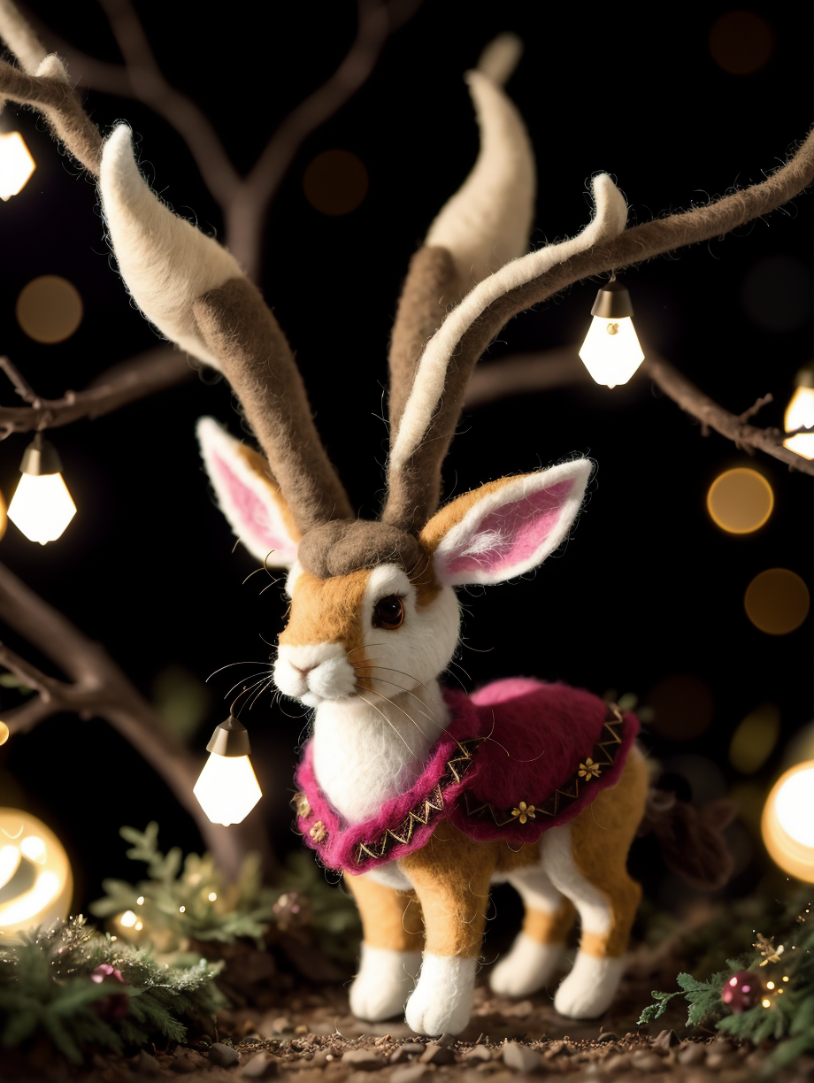 beautiful portrait of cute jackalope in the middle of magical forrest at night, magic lights, sparkles, felt, felted, fuzz...